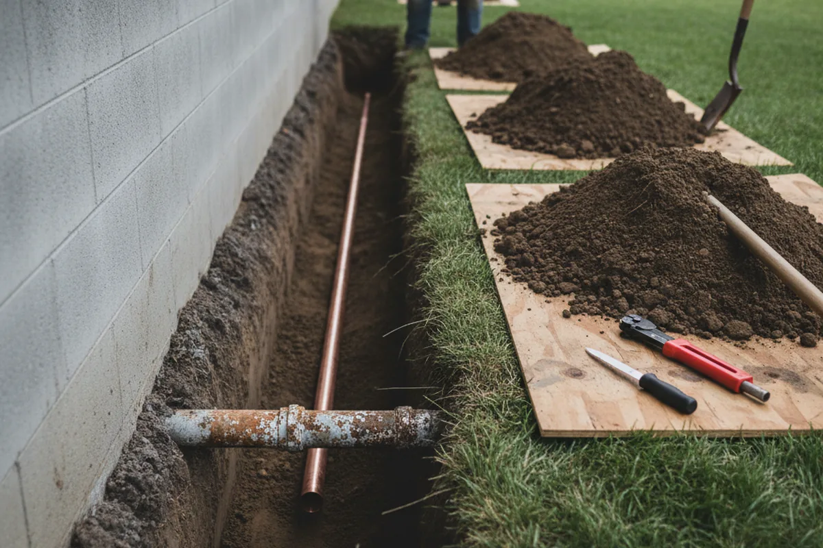 Excavated water line trench during Water Heater Repair in New Braunfels